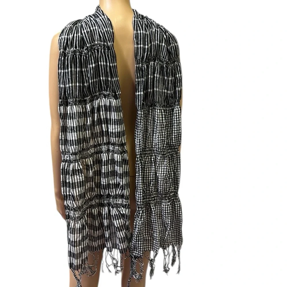 Smocked Black and White Plaid Striped Fashion Scarf with Fringe 70 x 25 inches